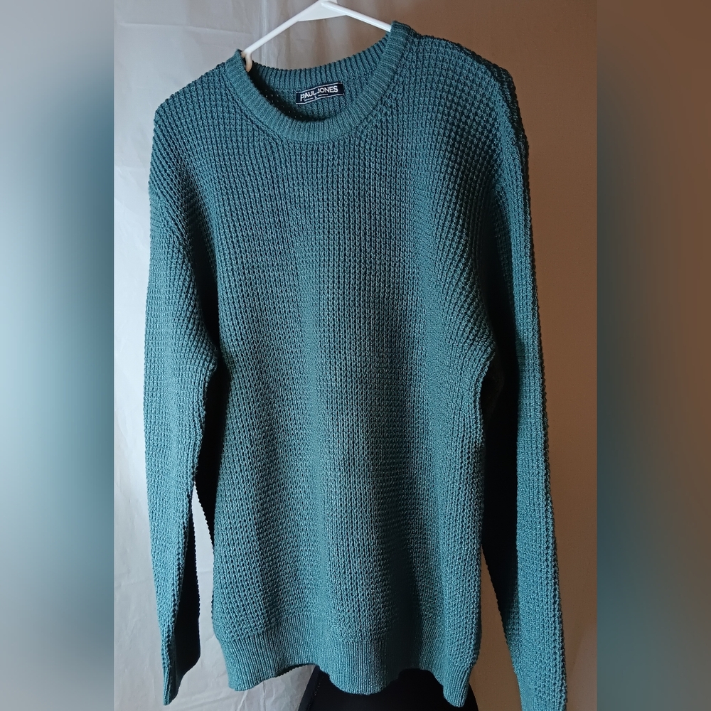 PJ Paul Jones Men's L Aqua Green Pullover Sweater-Waffle Texture-Long Sleeve